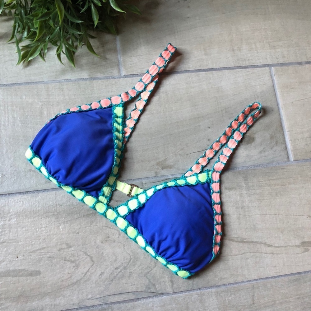 Xhilaration neon blue orange and green bikini top with woven strap detail Size S